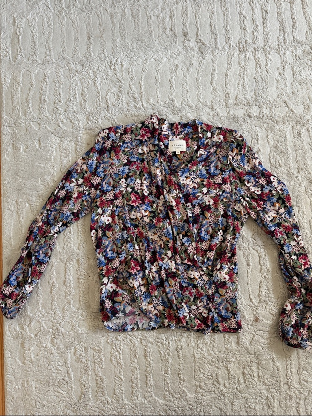 Sézane  Floral Surplice Blouse in Black, Blue, Pink